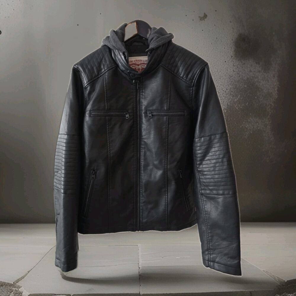 Levi’s Faux Leather Hooded Racer Jacket In Black Quilted Shoulders-Men's S